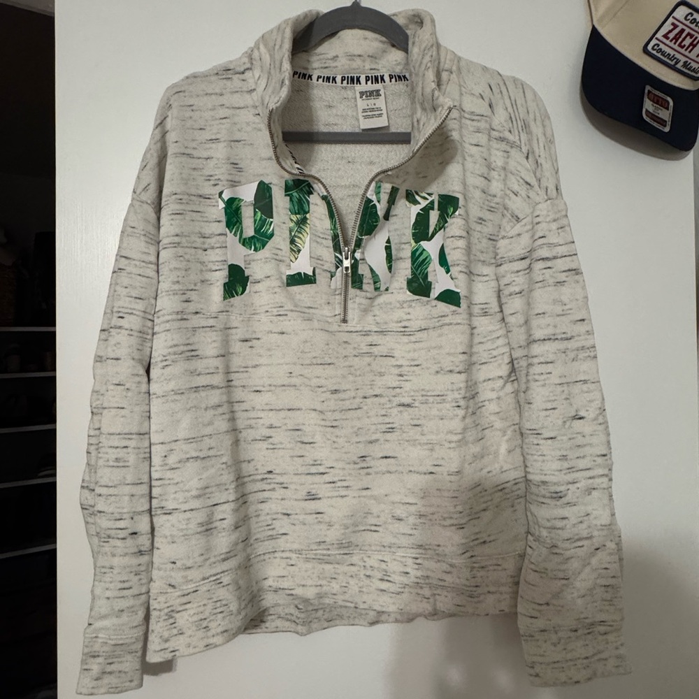 Victoria's Secret PINK Heathered Cream Pullover with Black Logo Trim